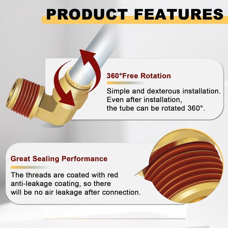 Siptenk 1/2" Elbow DOT Brass Push to Connect Air Line Fittings 5 PCS, 1/2" OD Tube x 1/2" NPT Thread Air Brake Line Quick Connect Fittings for Truck Trailers Industry Air System - Image 3